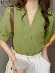 ZANZEA 2024 Vintage Simple Korean Tunics Women Puff Half Sleeve Blouse Fashion V-neck Loose Shirt Casual Summer Buttons Tops