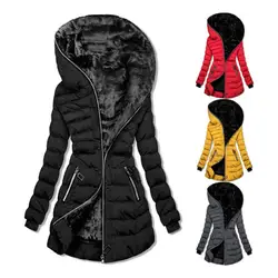 Women Cotton Coat Plush Lined Women's Winter Cotton Coat with Hood Elastic Cuffs Mid Length Down Jacket for Outdoor Activities