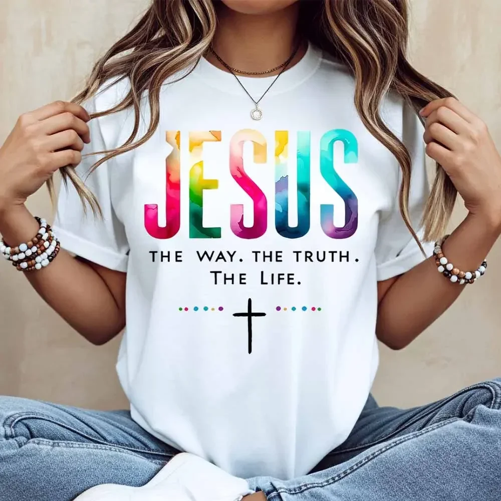 The Way The Truth The Life Cross Print T Shirt White Casual Loose Fit For Everyday Wear And Outdoor Activities