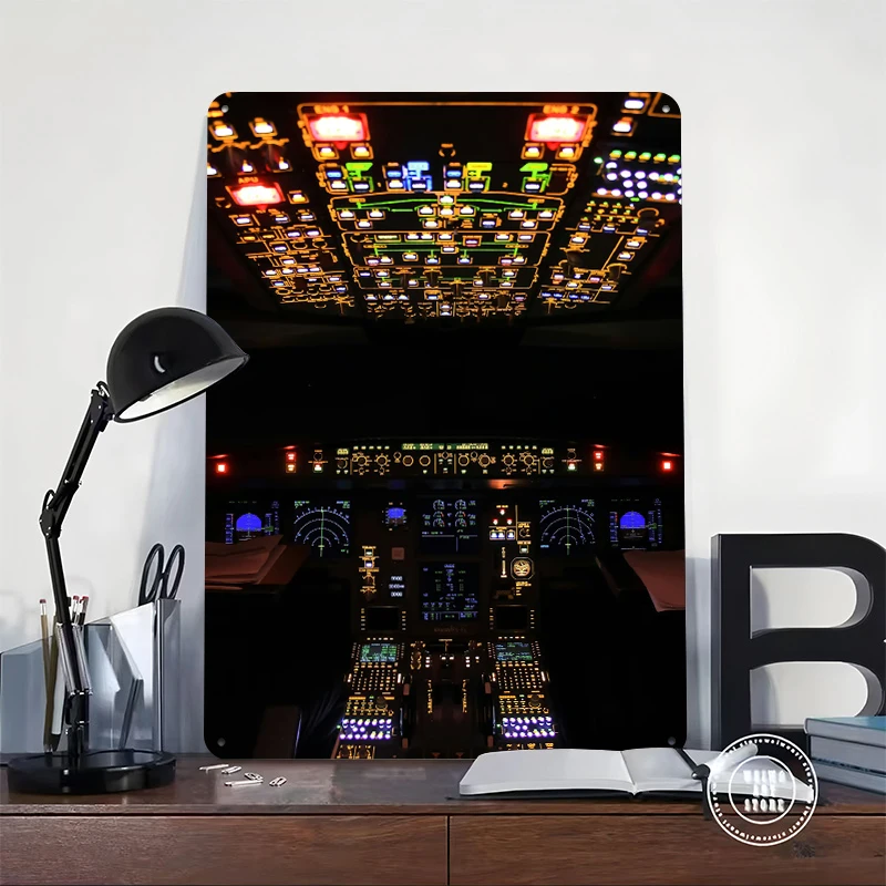 Airplane Cockpit Tinplate Poster Customized Wall Art Retro Vintage Metal Signs for Fans Office Decoration Room Home Decor Items