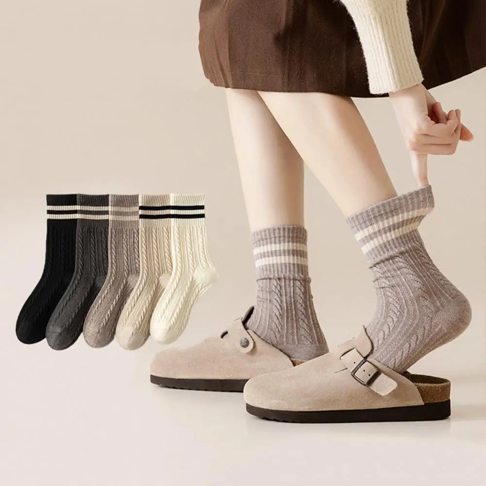

1 пара женских носков с ребристыми манжетами и поворотной текстурой, впитывающие пот эластичные носки, осенне-зимние толстые теплые носки средней длины 양말