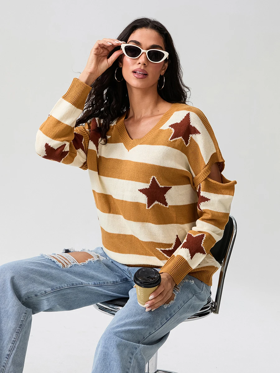 wsevypo Autumn Star Print Loose Knit Sweaters Women's Long Sleeve V Neck Striped Pullover Warm Tops  for Fall Winter Knitwears image 2