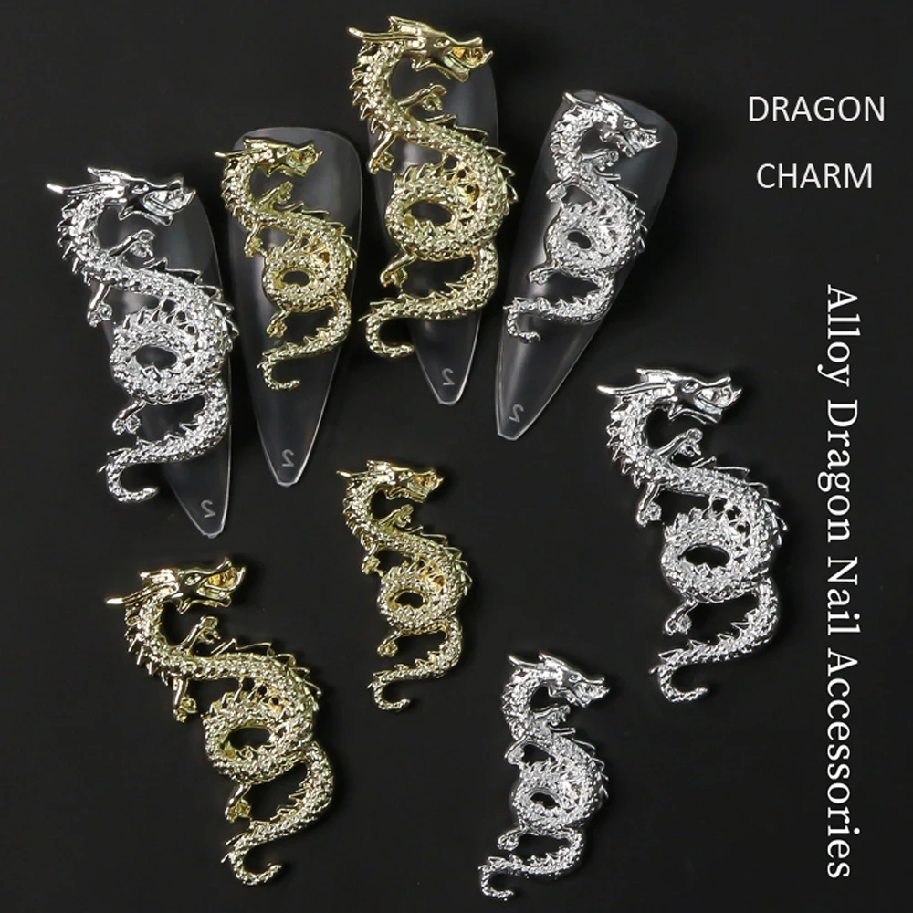 10pc Punk Evil Dragon Nail Accessories S/L 2Sizes Silver,Gold Alloy Naga Metal Dragon Nail Art Flying Large Designer Accessories