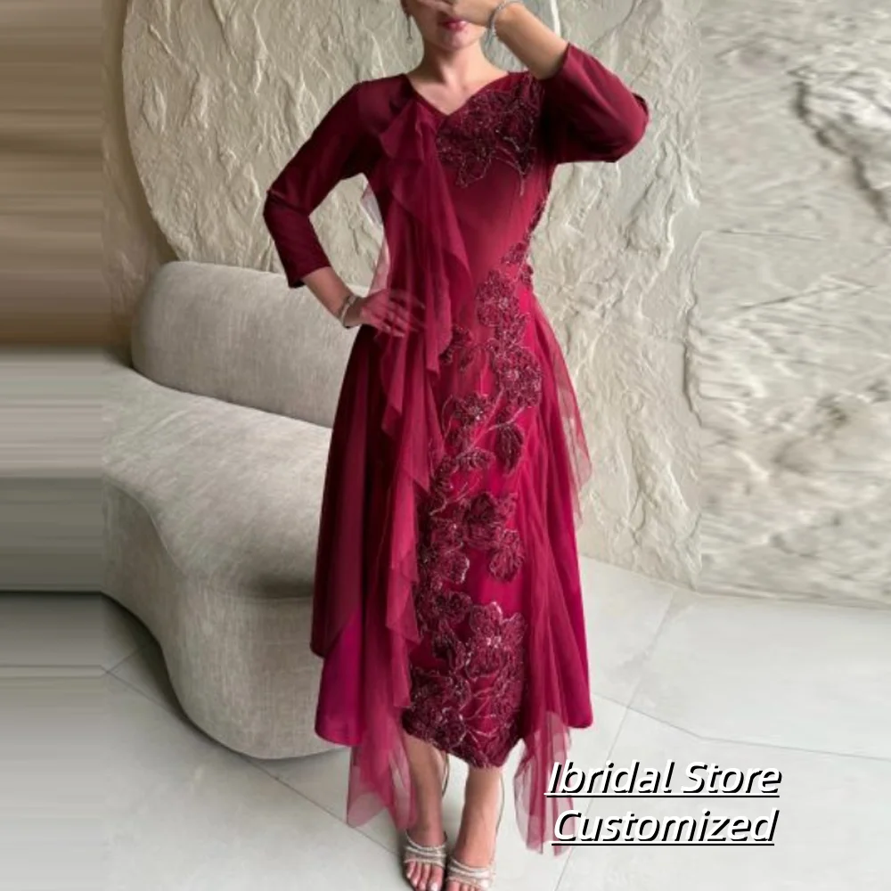 Vestido elegante personalizado con cuello en V para madre de la novia, gasa hasta el té, manga tres cuartos, Apliques de encaje, vestidos de fiesta