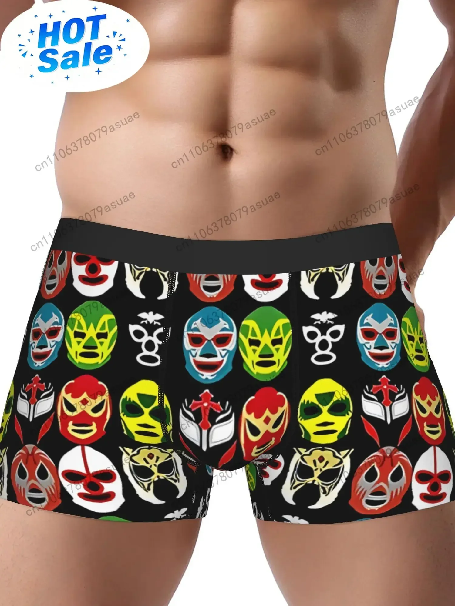 Men'S Lucha Mask Print Boxer Briefs Vibrant Mexican Lucha Libre Face Masks Design, Medium Stretch, Breathable Underwea Black