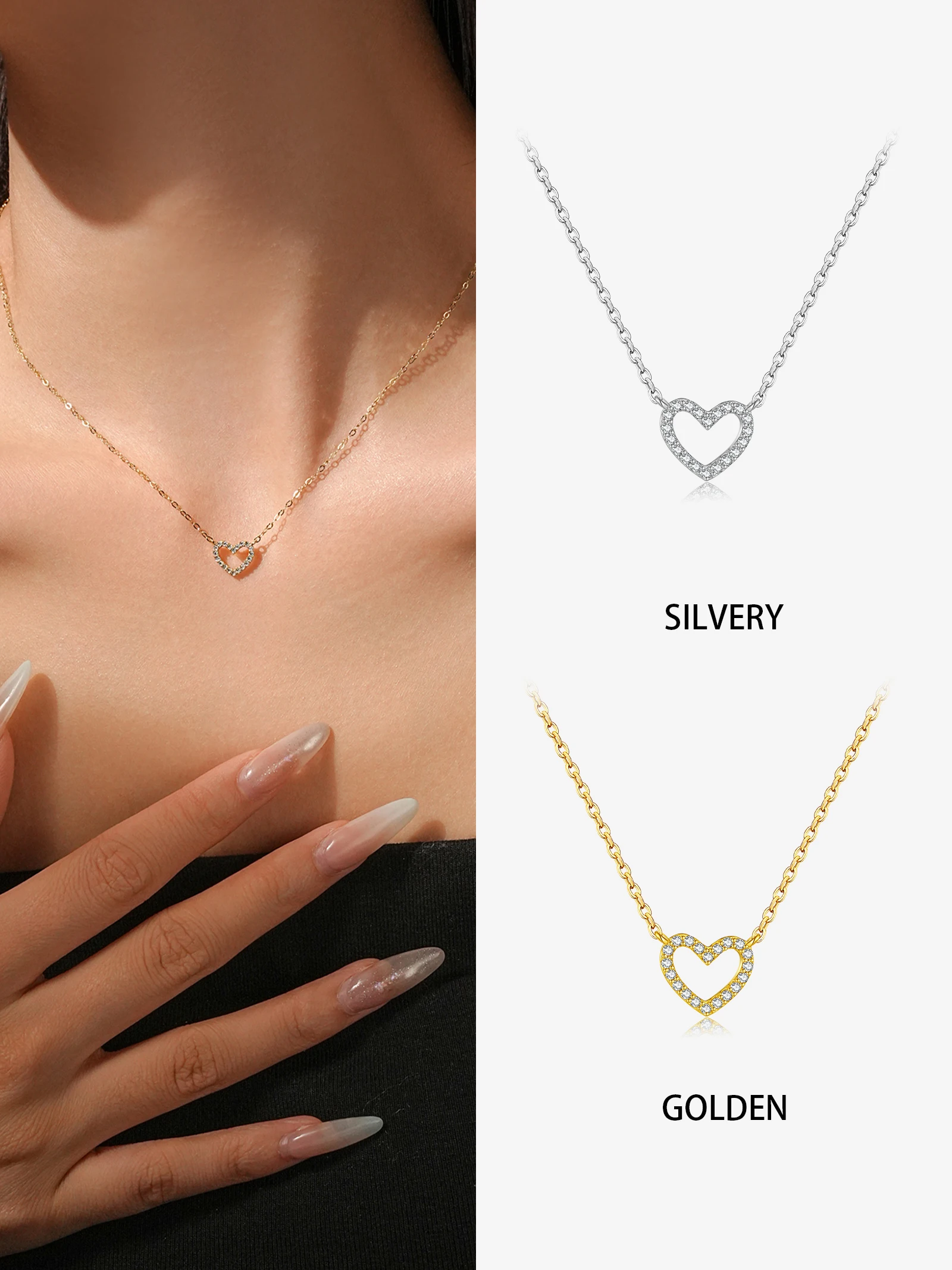 ANDYWEN Halskette mit hohlem Herz aus 925er Silber, Pave-CZ-Rand-Schmuck, romantisches Geschenk für Frauen, elegante Alltagskleidung