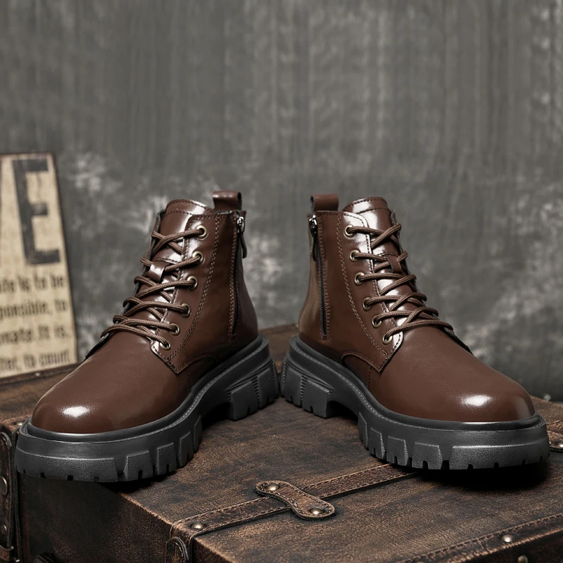 

Thick Soled Autumn Winter Men Mid Top Boots Warm Height Increasing Non Slip Simple Fashionable High-end Motorcycle Boots