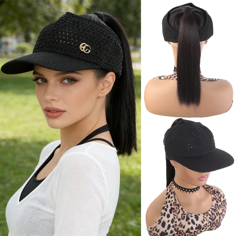 Black Breathable Wig Ponytail Cap – Integrated Synthetic Hair with Gold Logo, Comfortable Fit for Women’s Daily Wear, Vacations