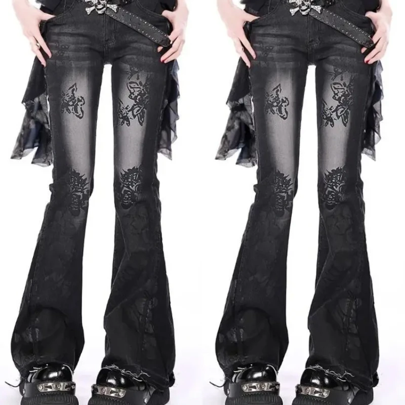 Women's Y2K Vintage Acid Wash Flare Jeans, High Waist Slim Fit Gothic Print Wide Leg Denim Pants Black Gray