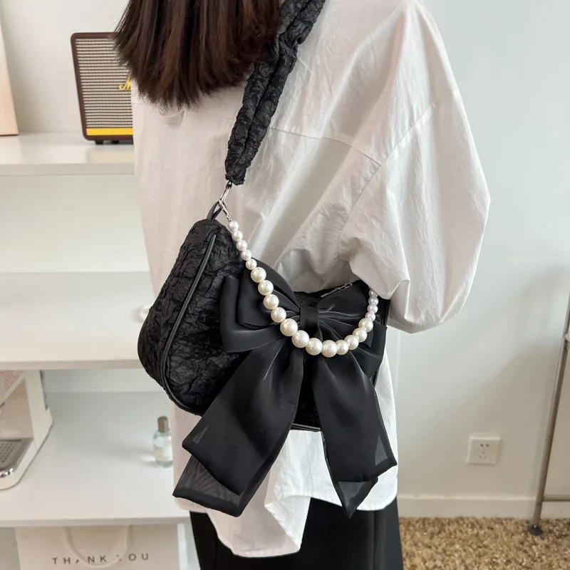Black Pearl Female Shoulder Bag Fashion Underarm Ins Bow Ribbon Handbags Designer Personality Lady Summer Bags With Short Handle