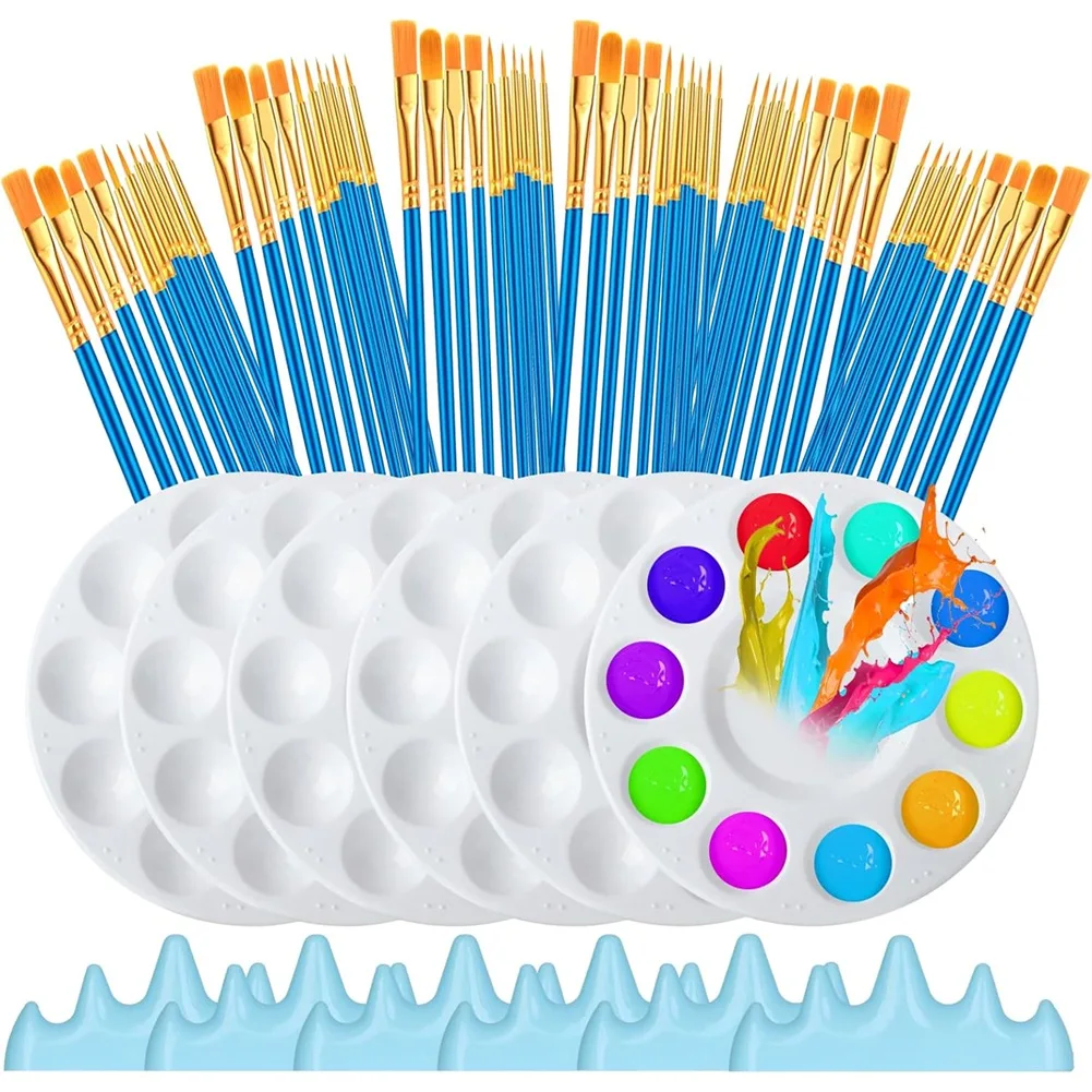 ABCD 72 Pcs Paint Brush Sets, 60 Pieces Paint Brushes and 6 Painting Palette 6.3 Inch, for Watercolor Painting, Ink Painting