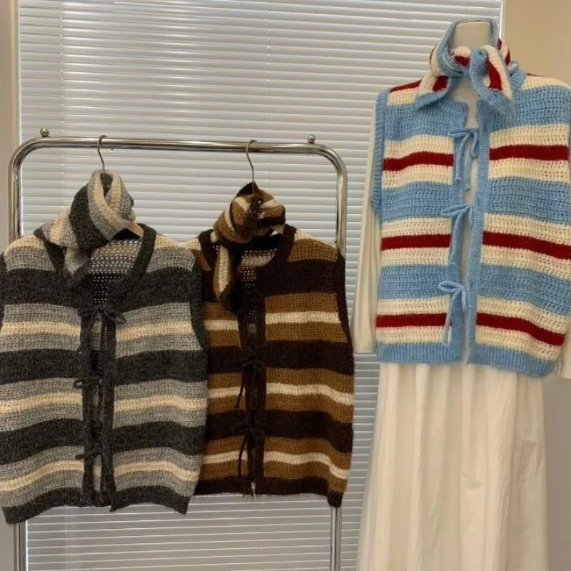 سترة نسائية محبوكة أنيقة أوائل الخريف لون Blo مخطط Svel مع وشاح مكافحة الشيخوخة وسادة الكتف الحرة ip