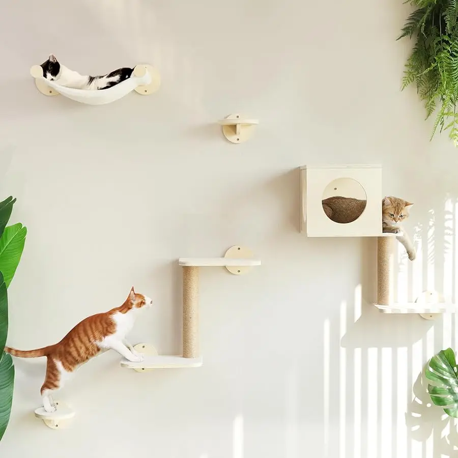 

FUKUMARU Cat Wall Shelves, 5-Piece Stable Wooden Wall-Mounted Furniture Set, Kitty Climber with Hammock, House, Steps, Scratchin