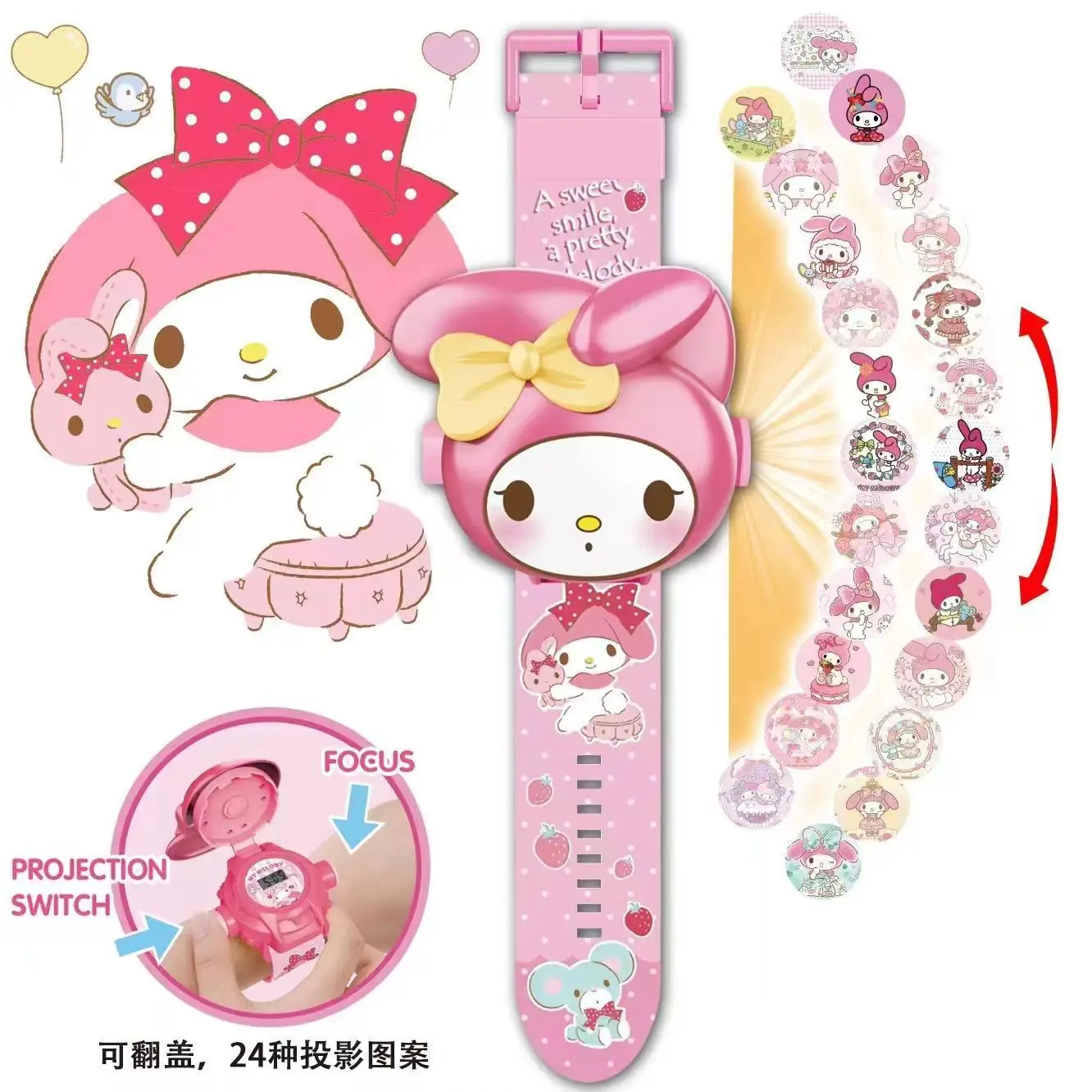 Kawaii Sanrio Hello Kitty Toys Set 3D Projection Digital Watch Cinnamoroll Kuromi Melody Anime Action Figures Model Toy Kid Gift