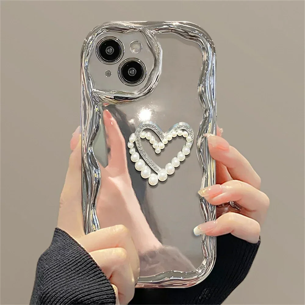Luxury 3D Silver Pearl Heart Wavy Phone Case For iPhone 16 15 14 13 11 12 Pro Max Plus  7 8 Plus Soft Shockproof Cover