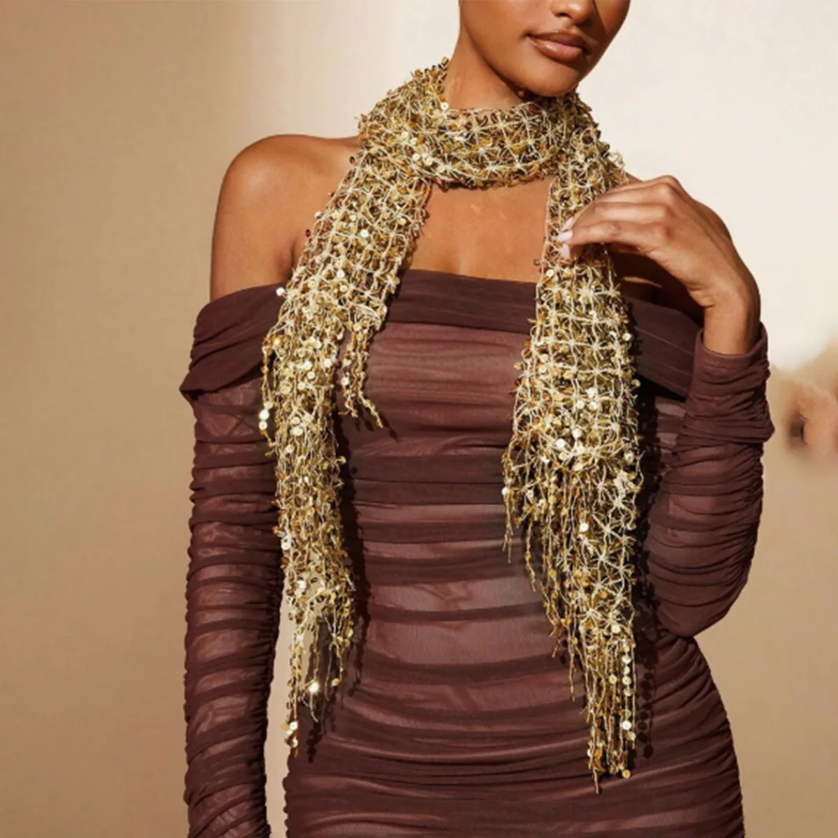 Amazon New Hot Sale Sequin Fringe Long Scarf for Women, Fashion European Trendy Decorative Hollow Shawl Wrap