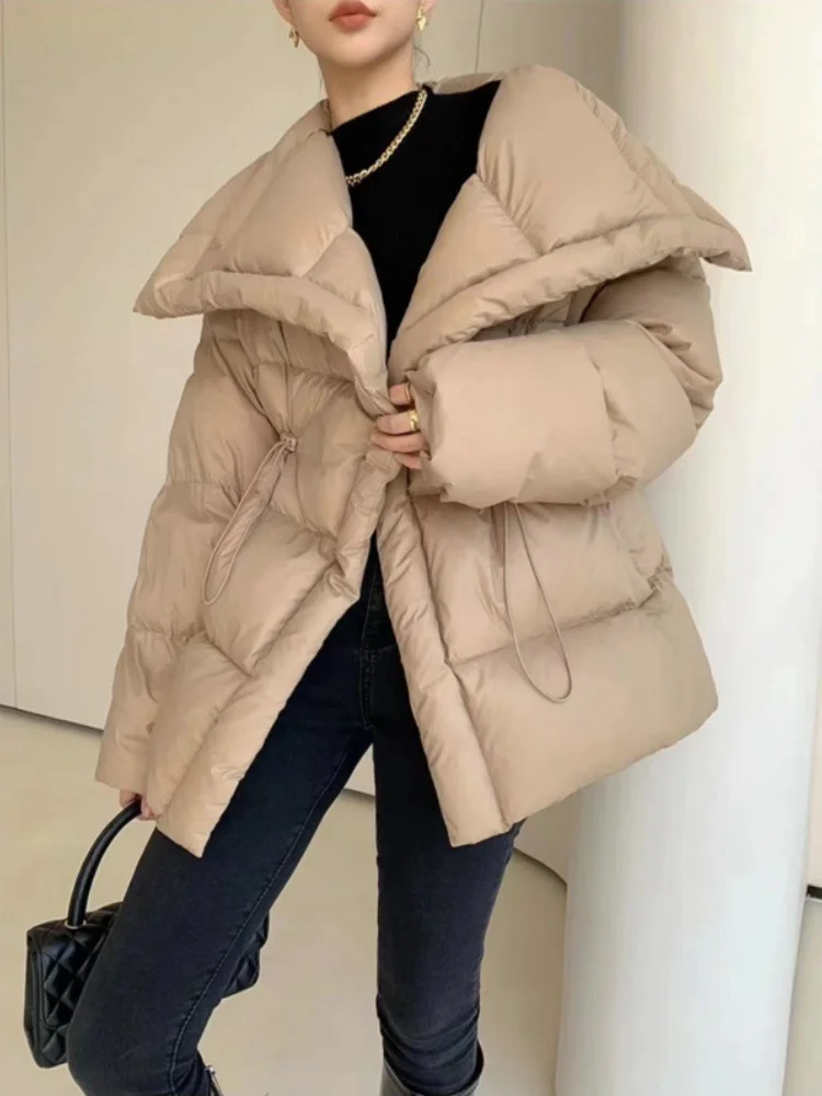 White Duck Down Coat for Women, Large Lapel Down Collar, Drawstring Waist Loose Long Jacket Winter Jackets, New Arrival Fashion