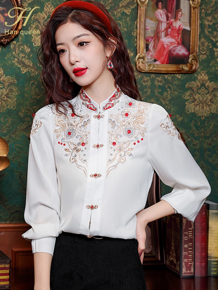 H Han Queen Spring Autumn Bead Embroidery Chiffon Simple Elegant Blouse Female Shirt Loose Tops Long Sleeve Casual Blouses Women