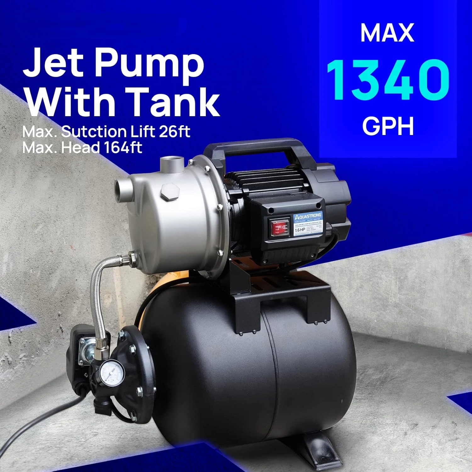 1.6HP Shallow Well Pump with Pressure Tank, 1320GPH, 115V, Stainless Steel Irrigation Pump, Automatic Water Booster Jet Pump