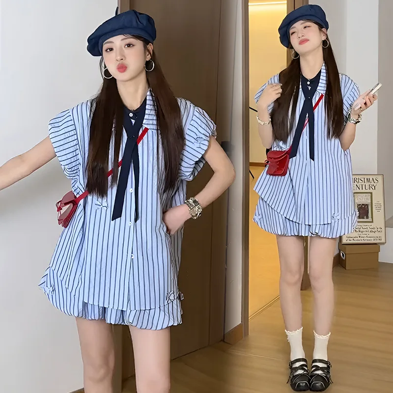 Official Picture Korean Department College Style Striped Shirt Summer Small Men Wear Complete Set of Bud Skirts Two-piece Women