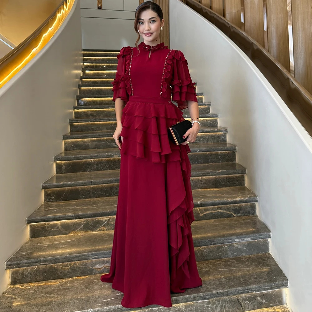 

Customized O-neck Red Jersey Evening Dress Ruffles Half Sleeves Sweep Train Party Dress Crystal A-line Floor Length Prom Gown