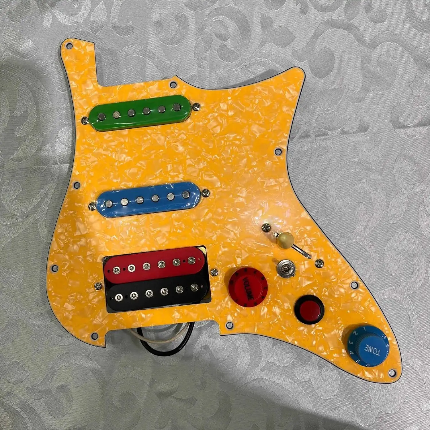 SSH Prewired ST Guitar Pickguard Coil Split Humbucker Alnico V Pickups Set Purple/Yellow Pearl, 500K Brass Pots