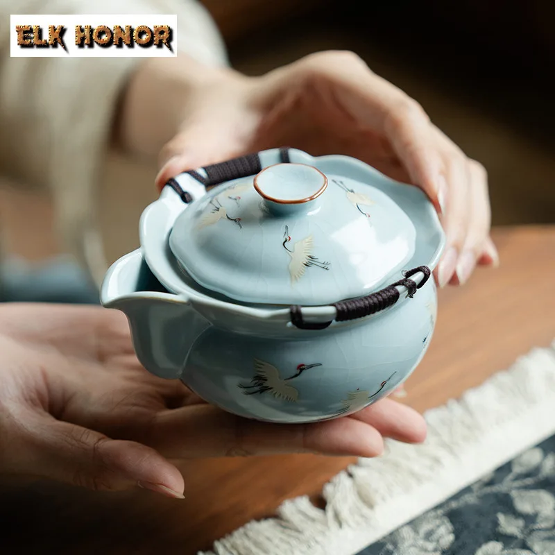 200ml Ru Kiln Hand Painted Crane Hand Grab Teapot Handmade Tea Infuser Pot Tea Brewing Kettle With Strainer Tableware Craft