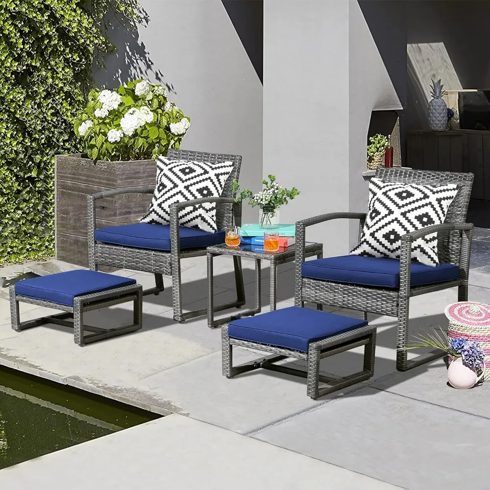 

5 Piece Outdoor Patio Wicker Furniture Set, All Weather Grey PE Rattan Chair and Ottoman Footstool Set,Garden Furniture Sets