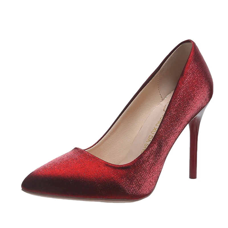 Wine Red Super High 10cm Thin High Heel Pumps Women Shoes Silk Fabrics Pointed Toe Slip-On Party Work Dress Shoes