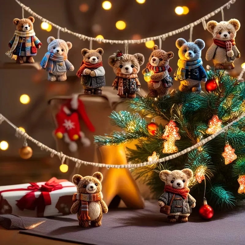 10 زخارف على شكل دب خشبي مصنوعة يدويًا - معلقات جو عيد الميلاد بأنماط قديمة وحديثة، تتميز بالأوشحة والمعاطف