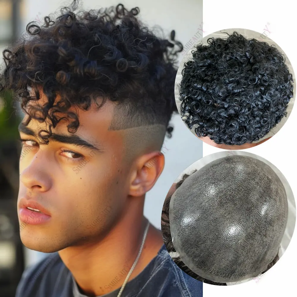 

Мужской парик 15 мм, афро вьющиеся волосы, мужской протез, супер прочный инъекционный парик из искусственной кожи, 100% система человеческих волос, шиньон