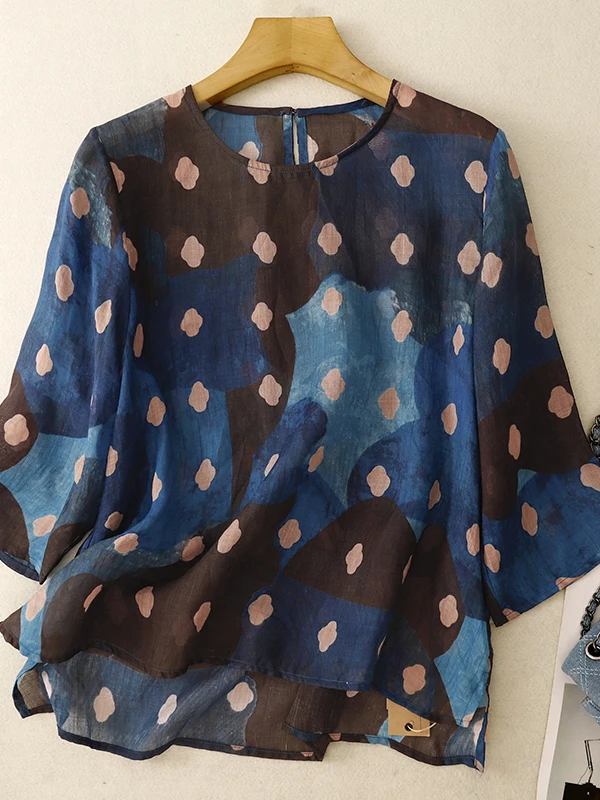 

Корейская свободная легкая льняная рубашка для женщин с синим принтом и круглым вырезом, без этикетки, большие размеры, для ношения под одеждой