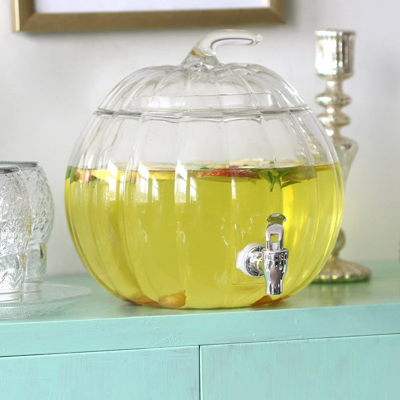 Large Pumpkin Shaped Glass Juice Jar Bottle with Faucet Beverage Dispenser for Commercial Self-Service Fruit Tea Cola Drink Set