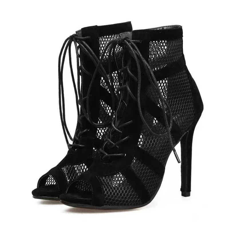 Sexy Hollow Mesh Sandals Women Summer Cross-tied Peep Toe Heeled Sandals Ankle Strap Dance High Heels Shoes Black Net Sandals