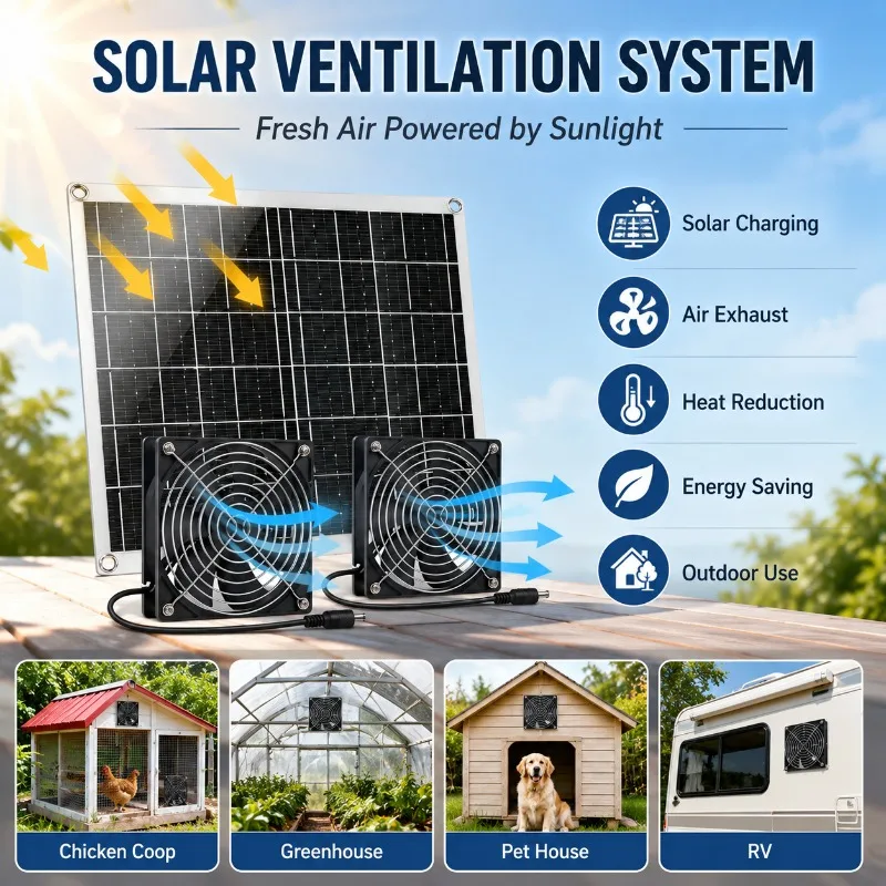 15W Monocrystalline Solar Powered Dual Fan Ventilation System, Solar Exhaust Fan for Chicken Coop Greenhouse Air Circulation