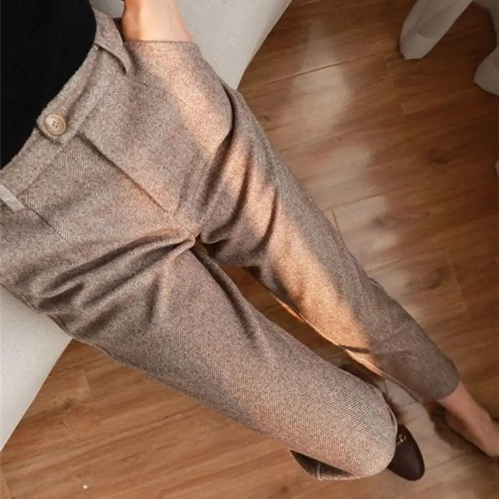 Loose Fit Trousers Stylish High-waisted Women's Pants for Autumn Winter with Button Zipper Fly Herringbone Woolen Fabric Pockets