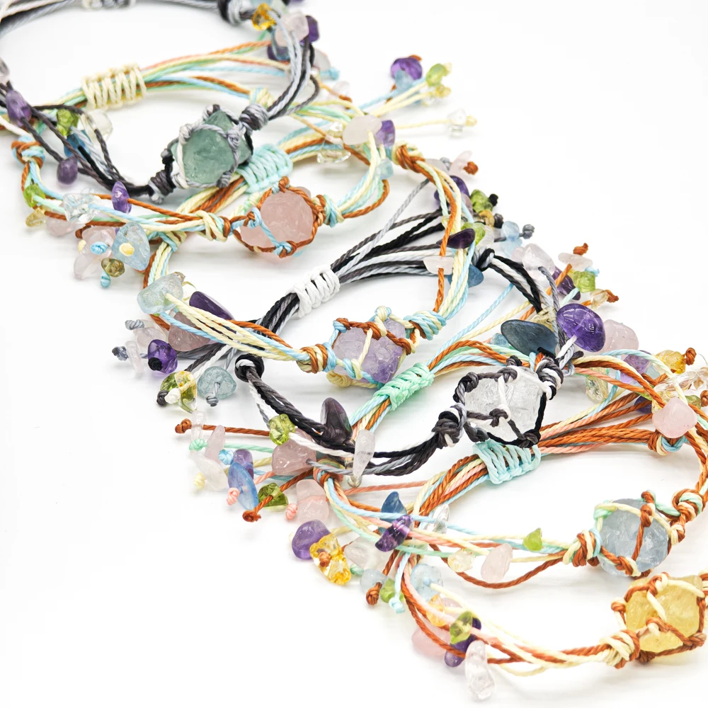 10 Stück verstellbares geflochtenes Kordelnetz, 1 roher Rohstein, Perlenhalter, Seil, Armband, natürlicher Quarzkristall, Heilung, Taschentasche, Armreif – Detail 1