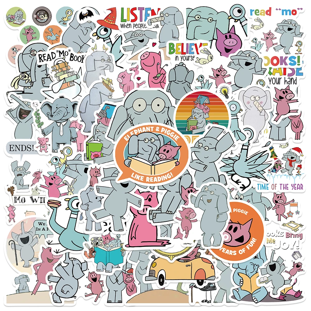 50pcs Cartoon Cute Elephant and Piggie Stickers Kids Toys Decals For Water Bottle Laptop Luggage Skateboard Scrapbook Sticker