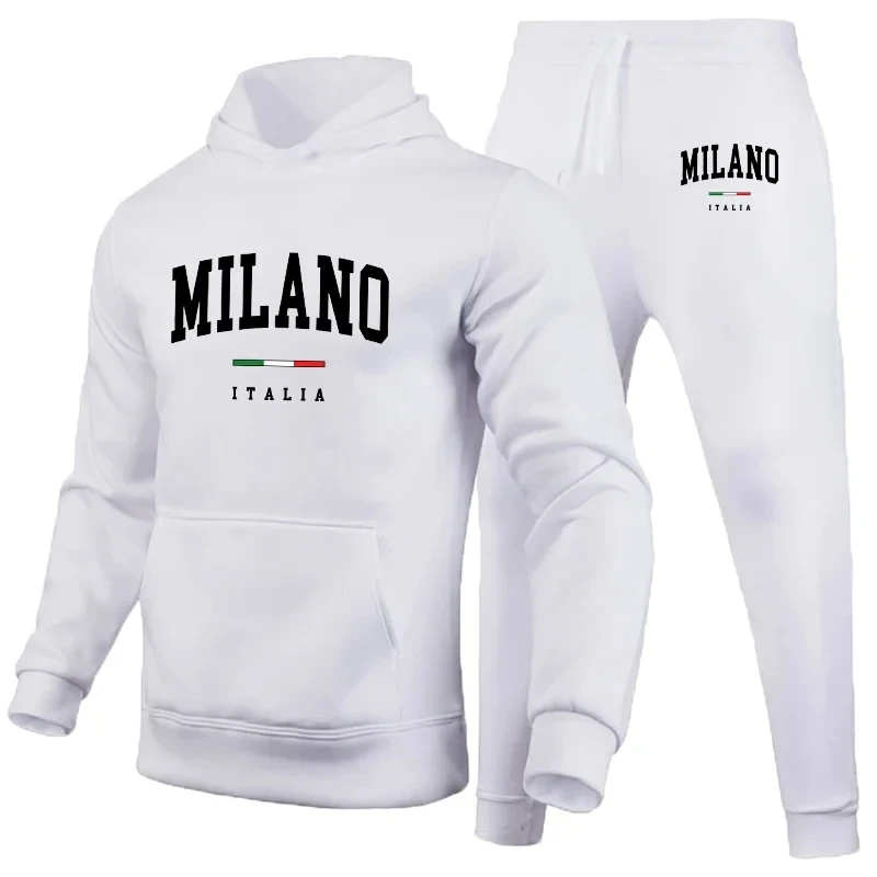 Men\'s Luxury Hoodie Set Milano Print Sweatshirt Sweatpant for Male Hooded Tops Jogging Trousers Suit Casual Streetwear Tracksuit