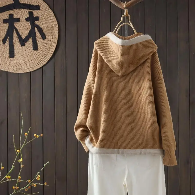 Autumn Winter New Hooded Contrast Color Drawstring Long Sleeve Casual Sweater Women\'s Pullover Fashion Loose Knitted Bottom Tops