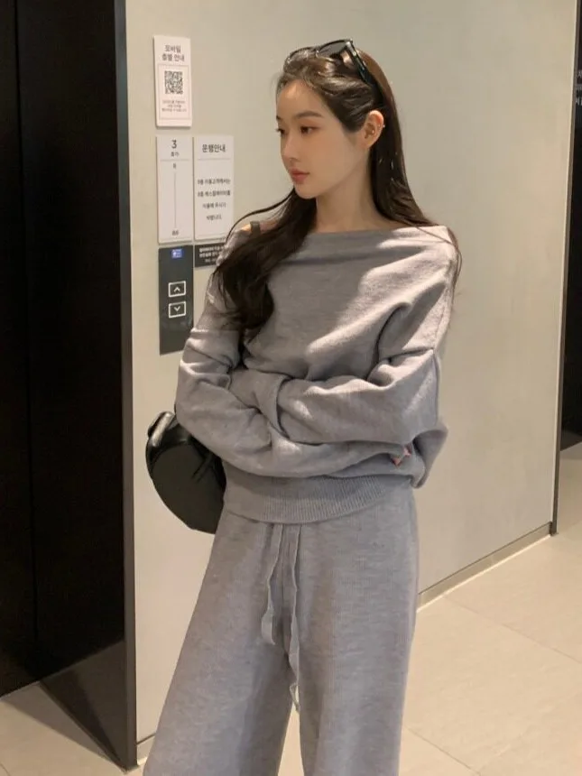 Chic Autumn Winter Knitted Long Sleeve Shoulder Bared High Waist Versatile Sweater And Pants Set Korean Style Casual Streetwear