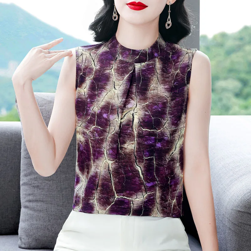 

Elegant Fashion Silk Chiffon Shirt Women's Summer Blouse Sleeveless Printed Tank Tops