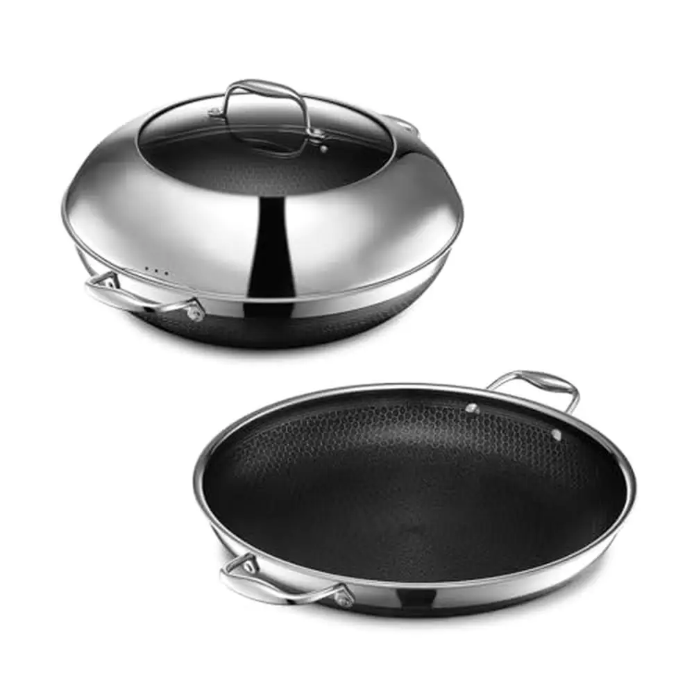 

14-inch Stainless Steel Wok and Frying Pan Set Non-Stick Surface Tri-Ply Construction Stay-Cool Handles Oven and Induction Range