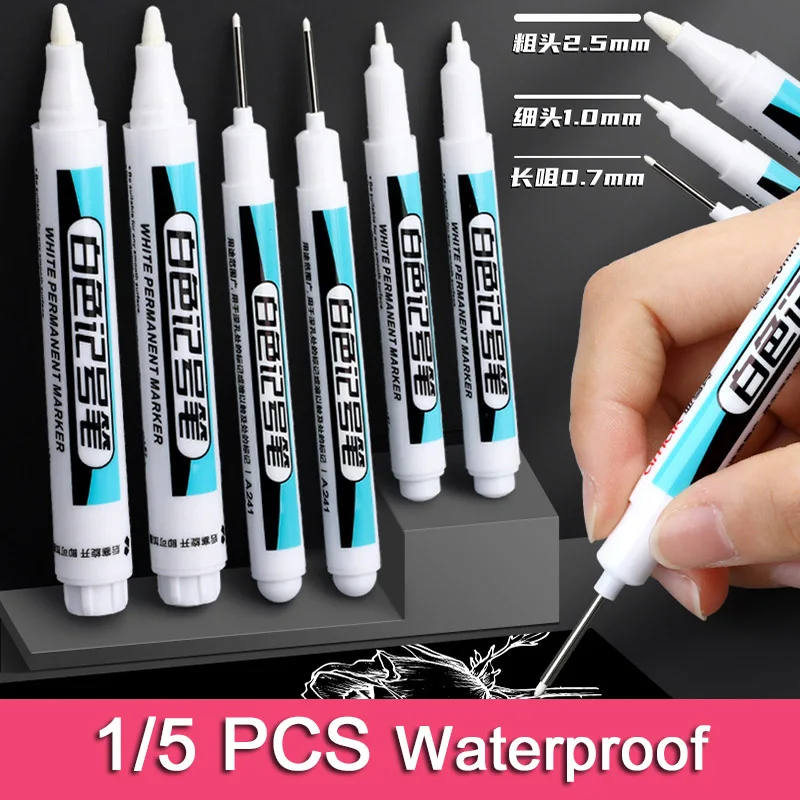 

0.7/1.0/2.5MM White Permanent Marker Pens 1/5Pcs Paint Markers For Wood Rock Plastic Leather Glass Stone Metal Art Supplies