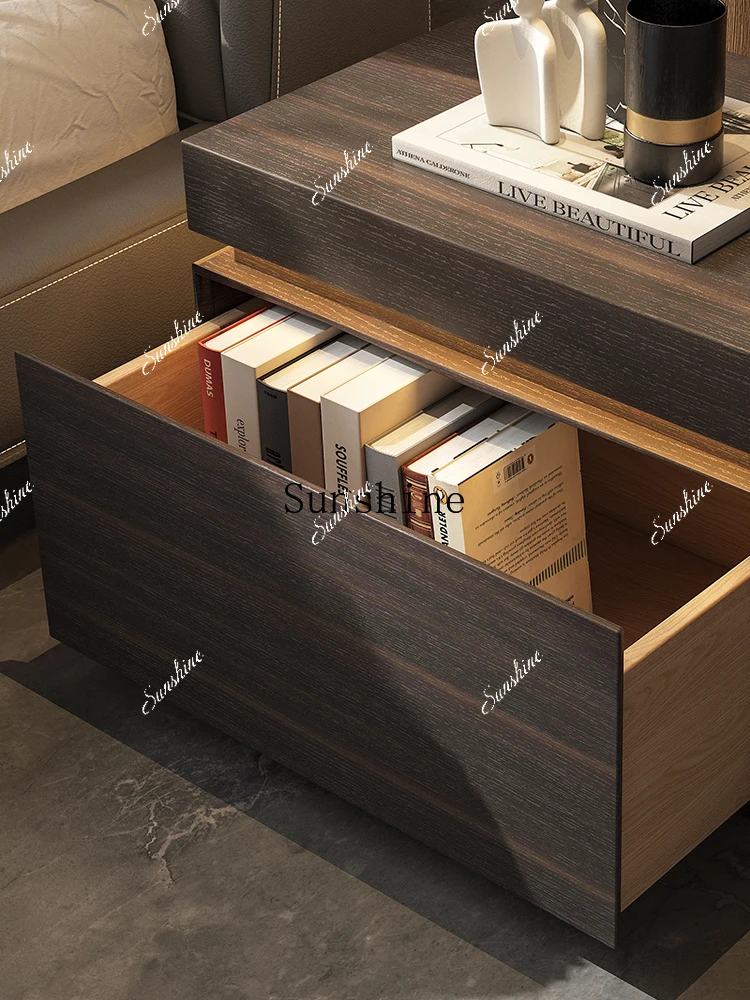 Bedroom Italian minimalist design with LED light square smoked veneer bedside cabinet FT