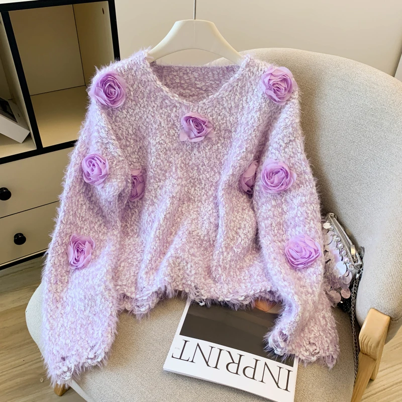 

2025,Европейский,Одежда,Свободный,Свитер,Мода,Сексуальный,Флис из искусственного норки,ЗД,Роза,В-образный вырез,Женский,Длинный рукав,Вязаный,Пловер,Топы,59053