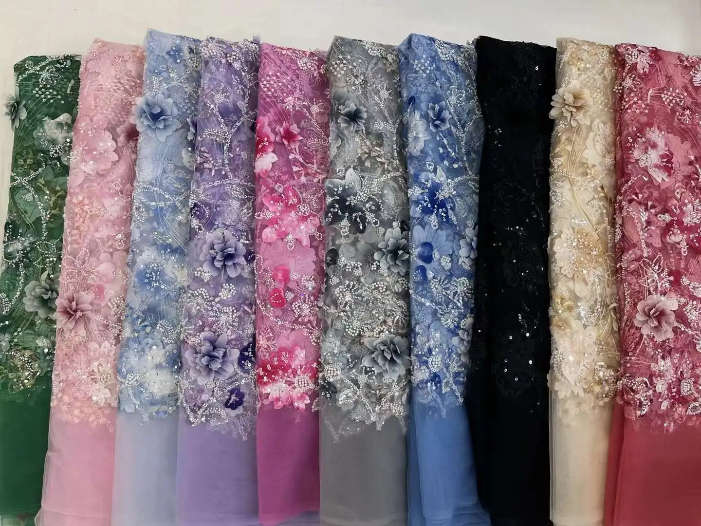 African 3D Flower Beaded Lace Fabric 2024 High Quality Nigerian Sequin French Tulle Lace Fabric Material For Wedding Party