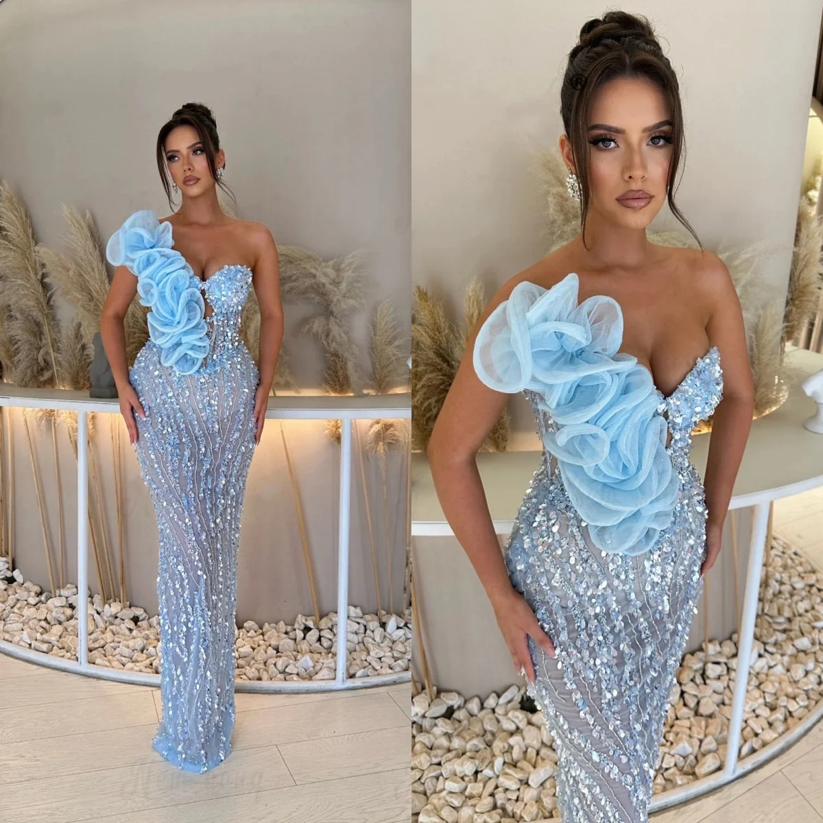 Sexy Sequins Evening Dresses Mermaid Strapless Prom Gowns Sleeveless Illusion Ruffle Party Dress Custom Made