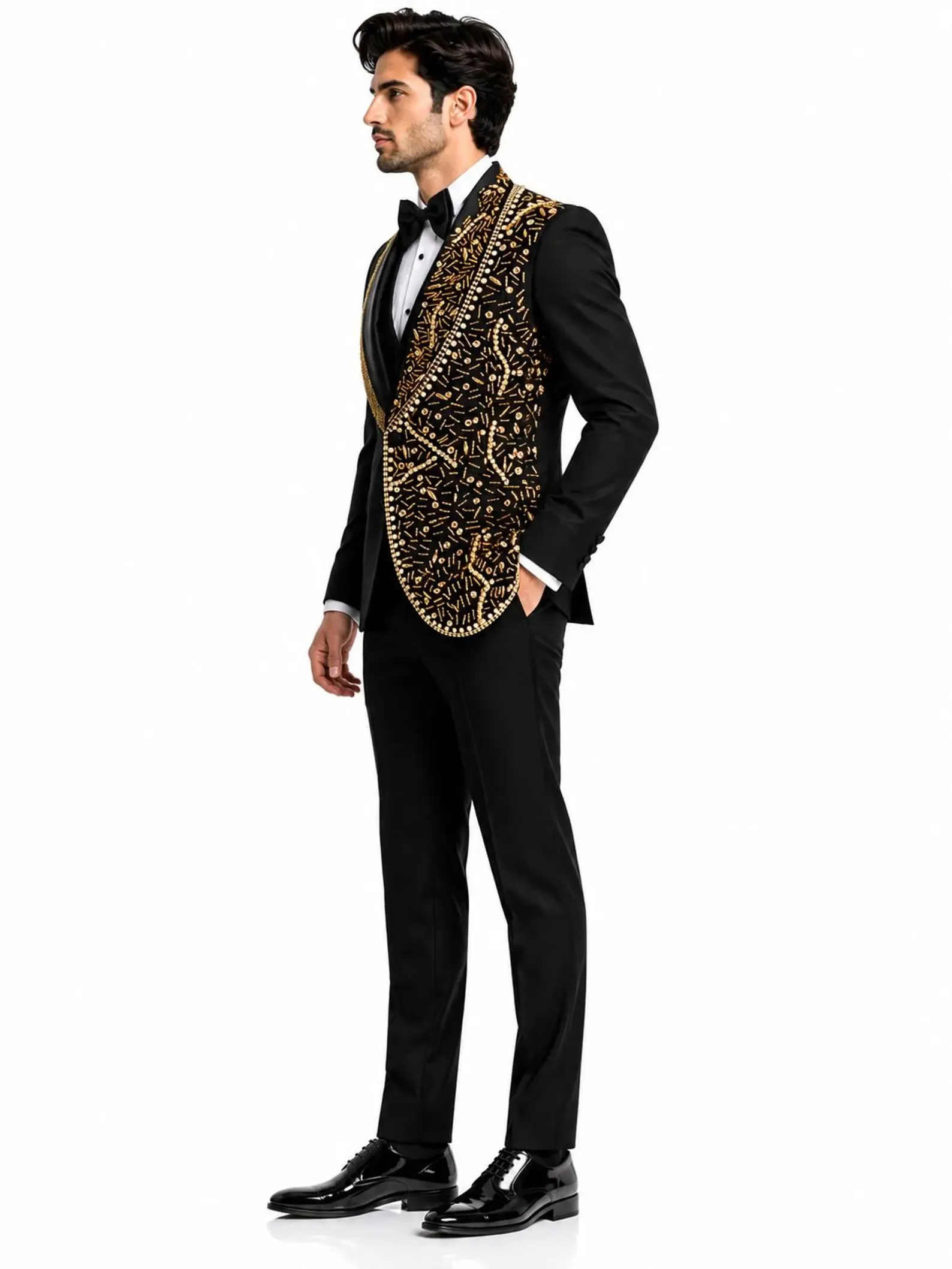 Luxury Men's Two-Piece Tuxedo Set with Golden Beads Customized Slim Fit One-Button Design for Wedding Groom