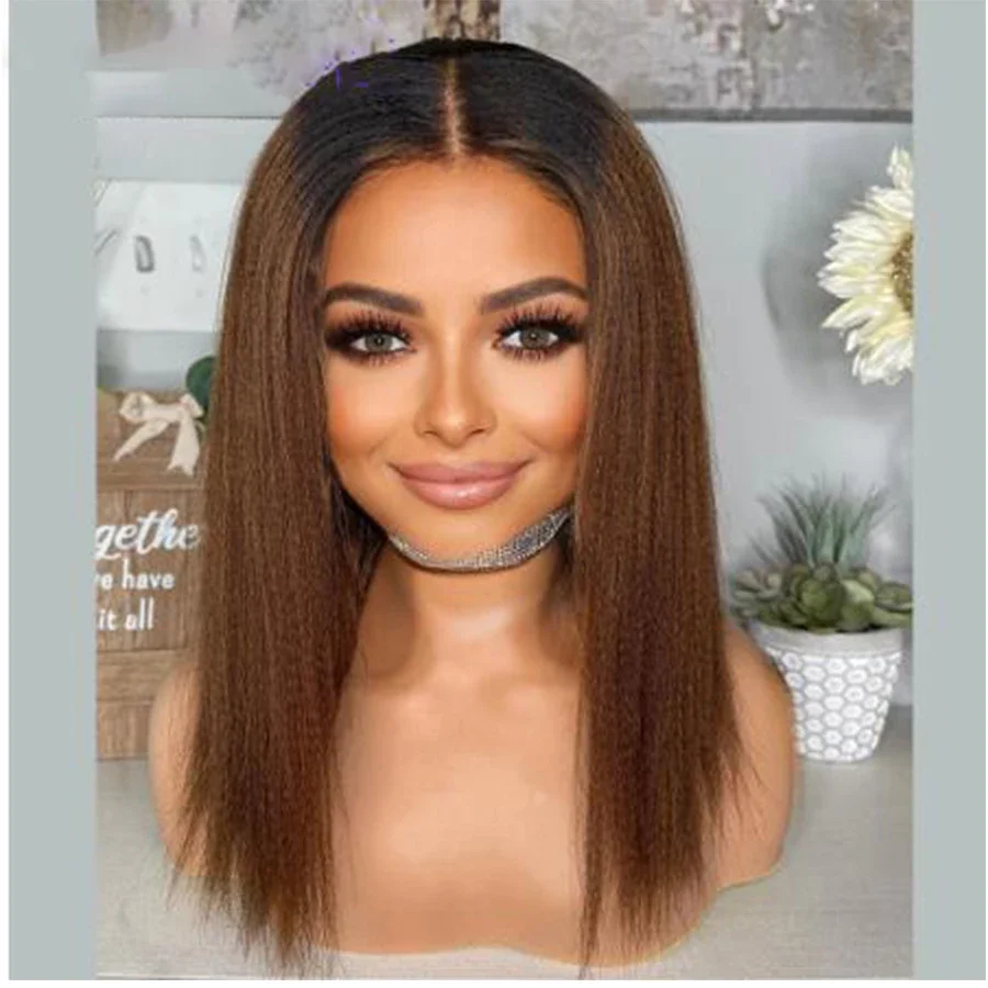 

QW Soft Preplucked Ombre Brown 180Density Long Kinky Straight Yaki Synthetic Lace Front Wig For Black Women Babyhair Glueless